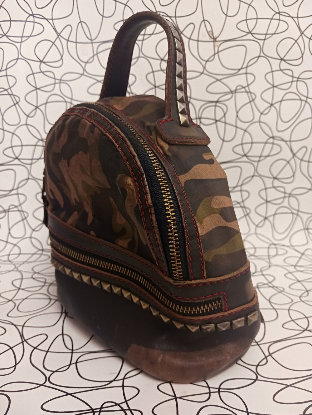 Steve Madden Studded Bag with Camoflage Print and Red Stitching